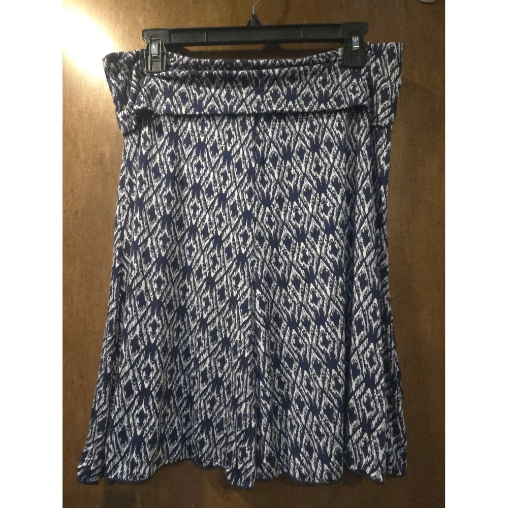 Max Studio Navy Blue White Ikat Diamond Print Foldover Waist Skirt Large